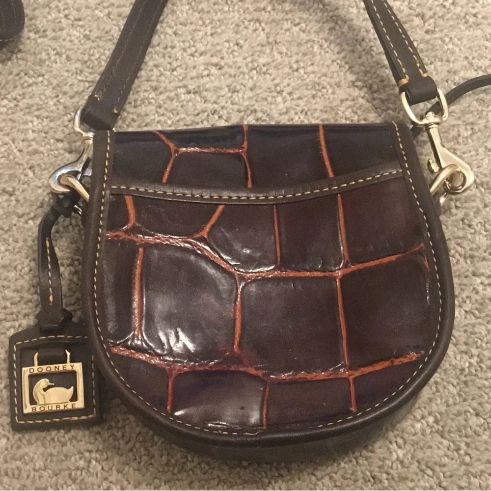 Dooney & Bourke Dark Brown Croc-Embossed Leather Mini Flap Saddle Crossbody-EUC